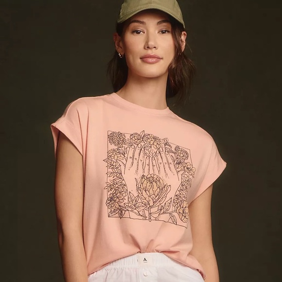 Anthropologie‎ Real Fun Muscle Graphic Tee Peach Medium New With Tags - Picture 1 of 7